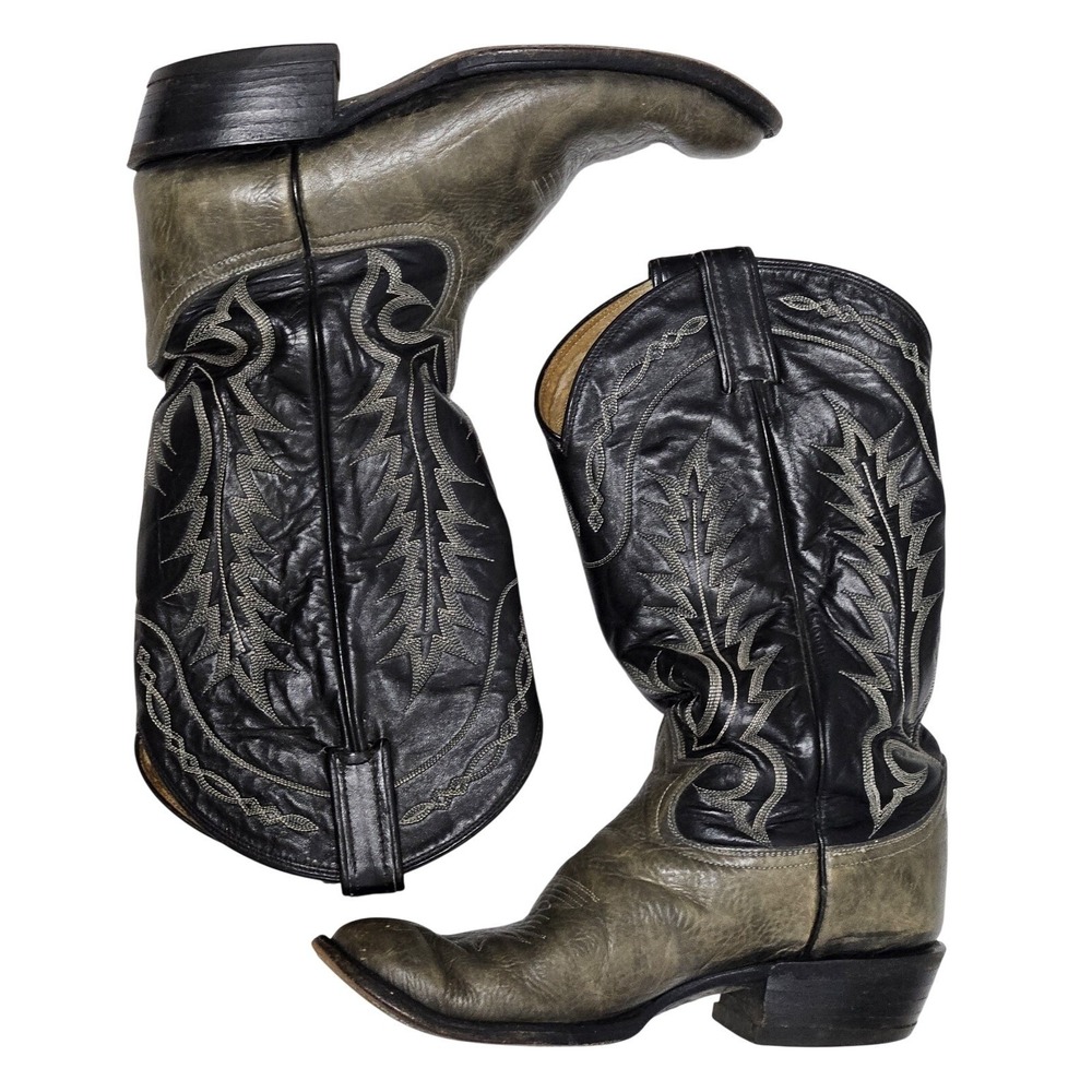 Tony Lama Boots Mens 8.5 Black Grey 6713 Western Cowboy Two Tone Leather Stitch